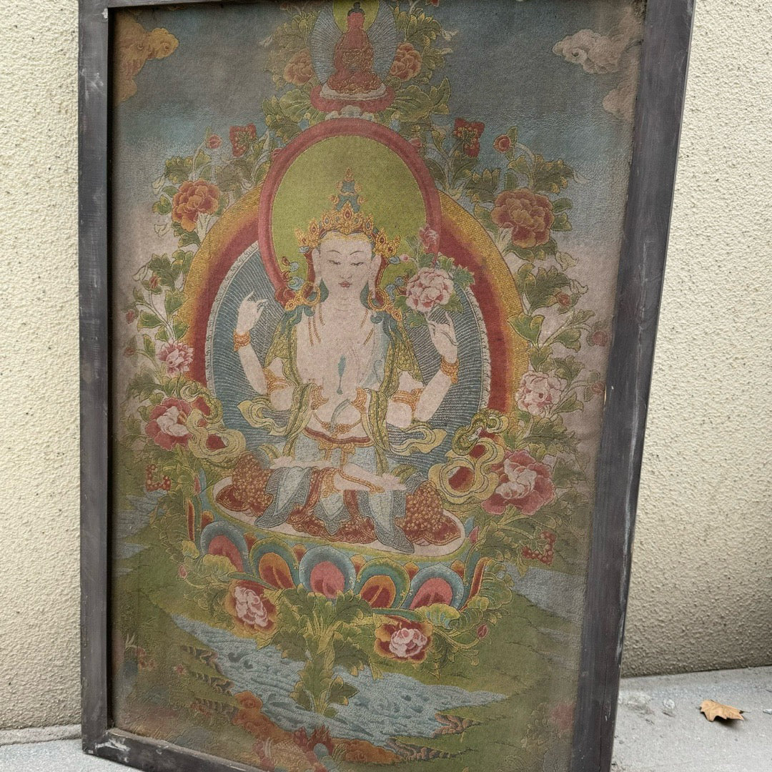 Wooden framed embroidered four armed Guanyin Buddha thangka