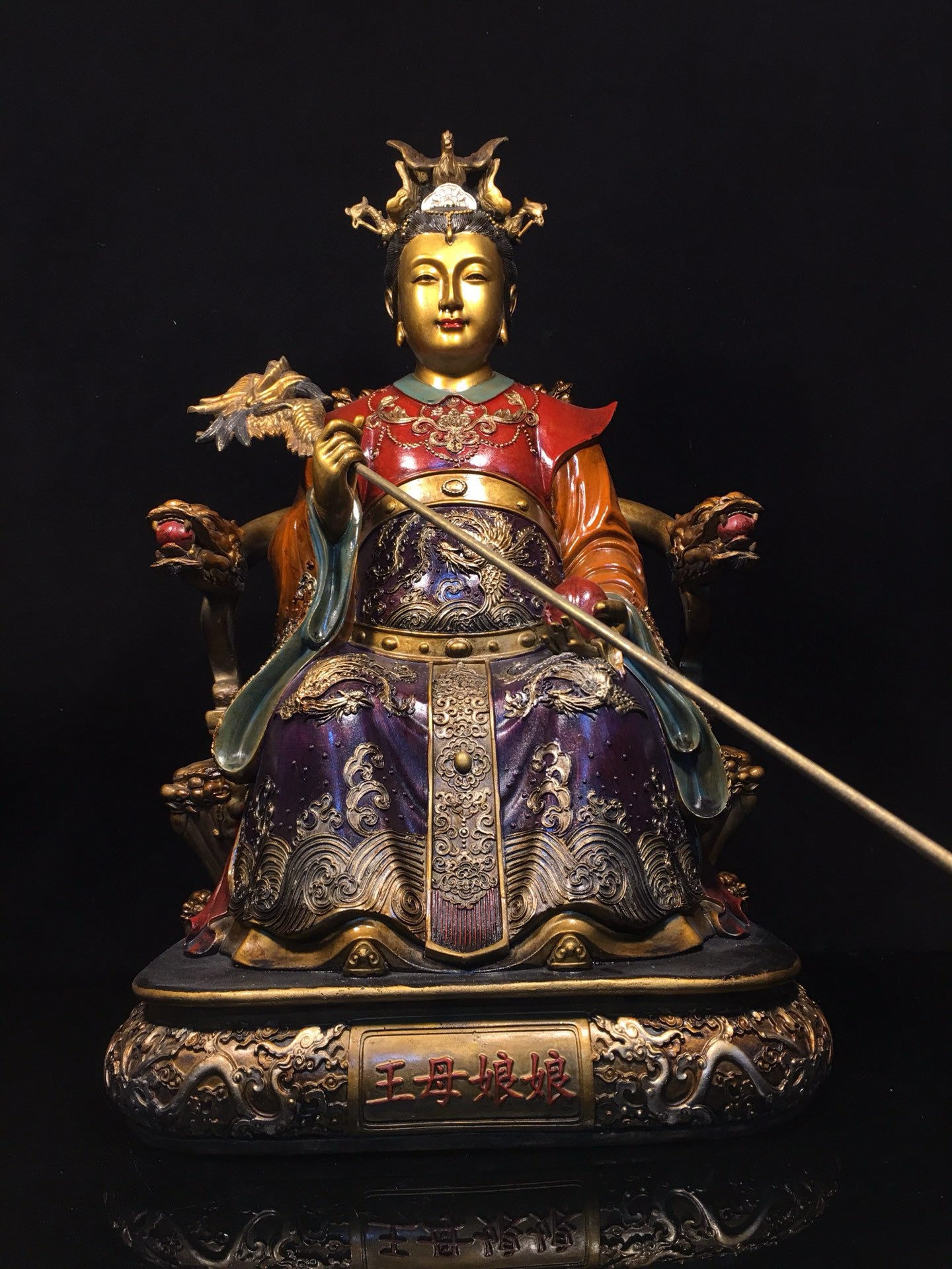 Chinese antique pure copper painted statue of Jade Emperor, Queen Mother, and Buddha