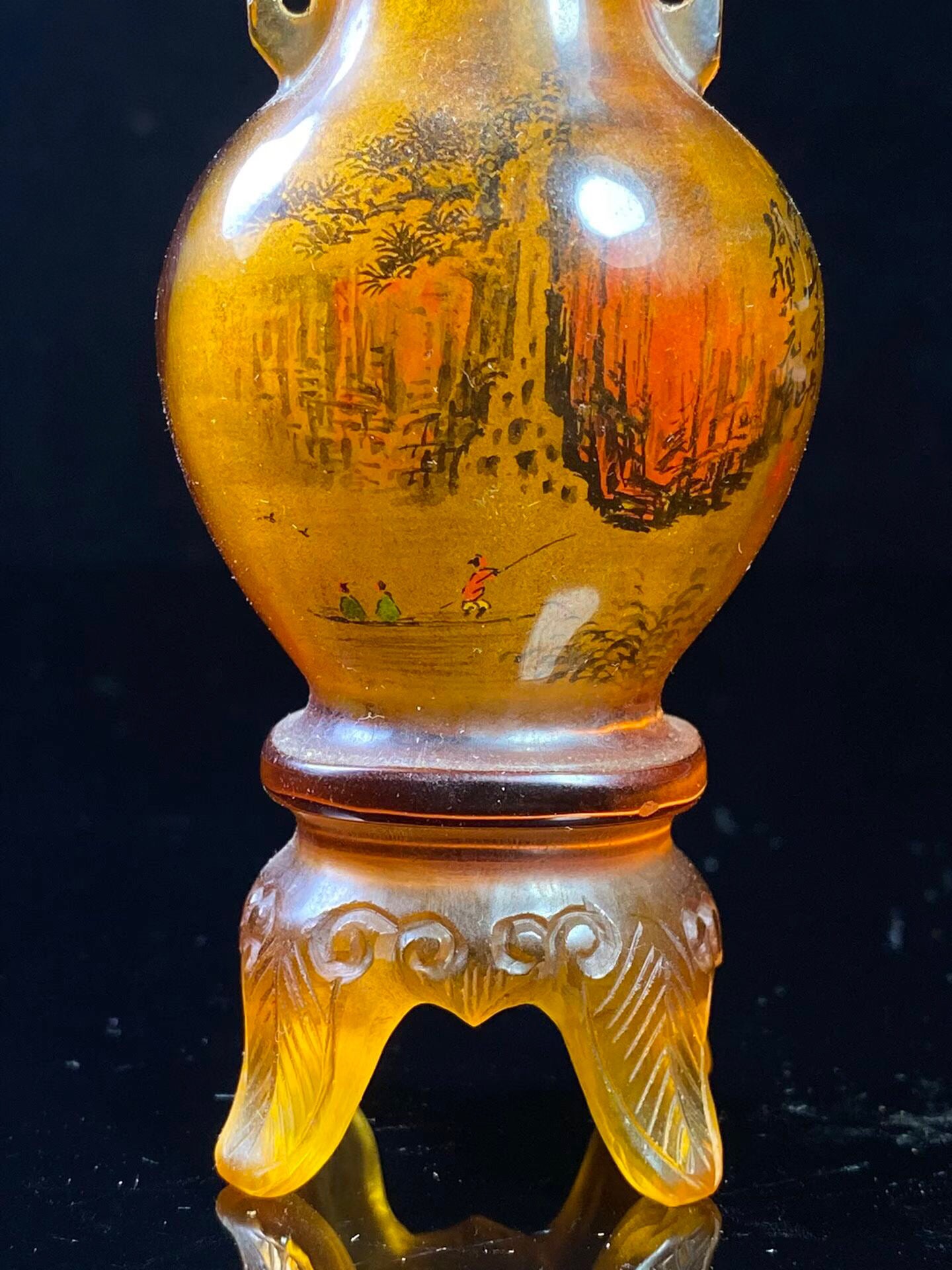 Chinese antique amber colored old glass painted snuff bottle