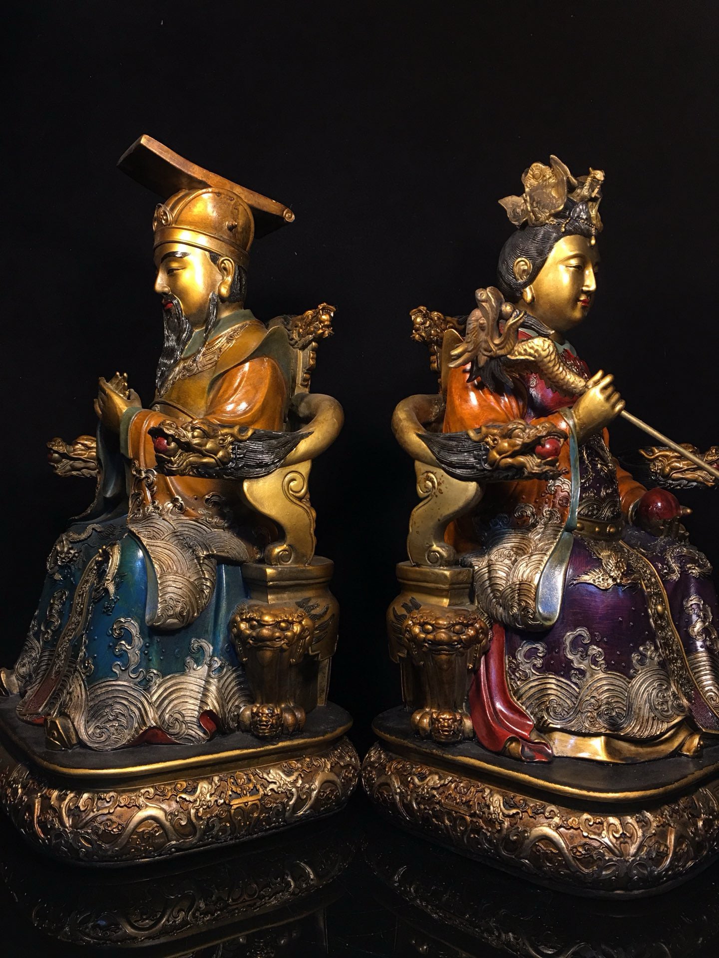 Chinese antique pure copper painted statue of Jade Emperor, Queen Mother, and Buddha
