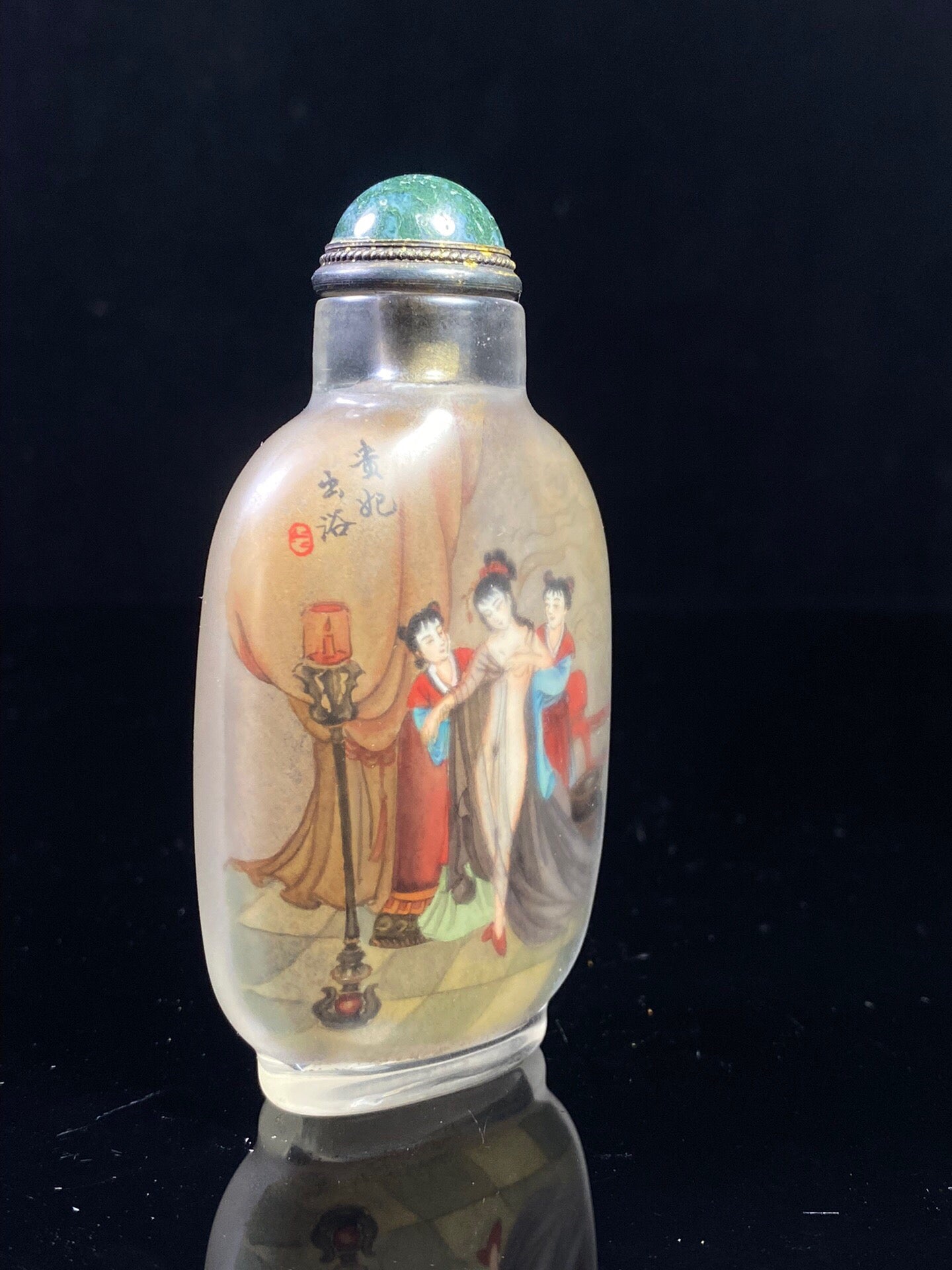 Chinese antique glass interior painting, painting of a noble consort taking a bath, snuff bottle