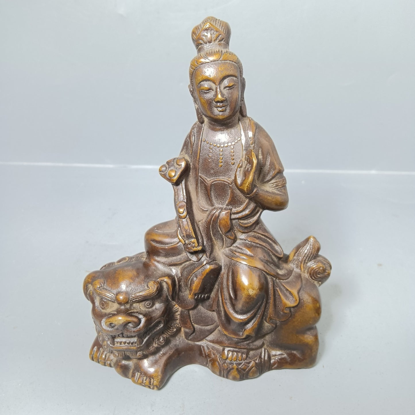 A pair of Chinese antique pure copper Manjushri universal sages