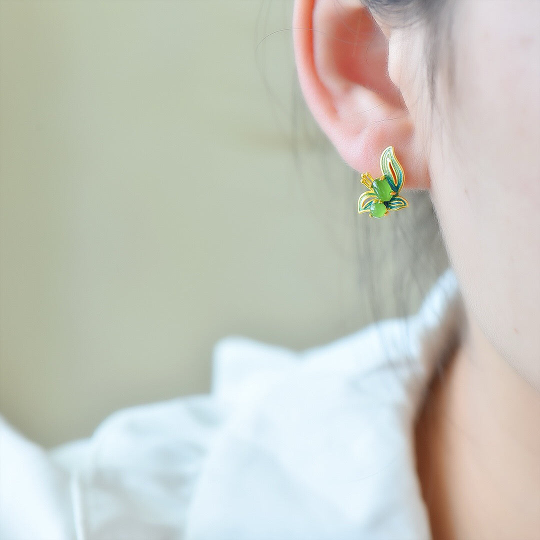 Silver inlaid Hotan Jade jasper fashion earrings