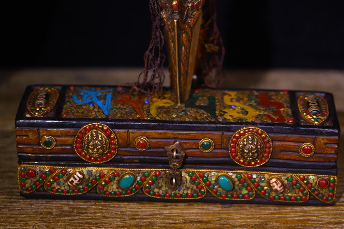 Made of pure copper by hand, carved with colorful paintings and inlaid with heavenly beads and diamond pestle