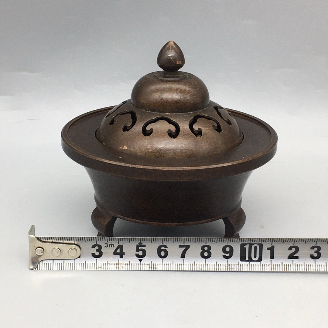 Chinese antique pure copper Ruyi covered circular incense burner