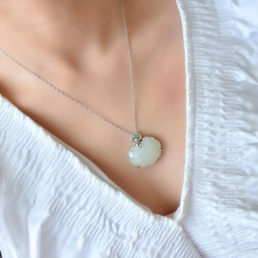 Silver inlaid Hotan Jade safety lock pendant