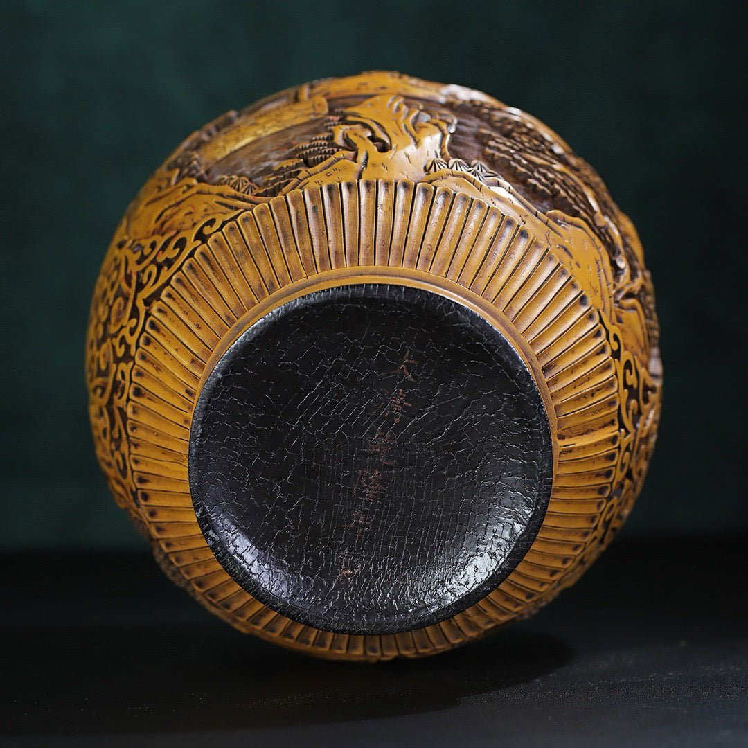 Chinese antique yellow lacquerware with landscape painting jar