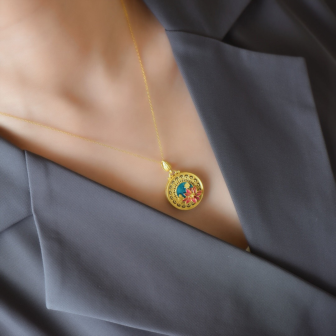 Silver inlaid Hotan Jade lotus pendant