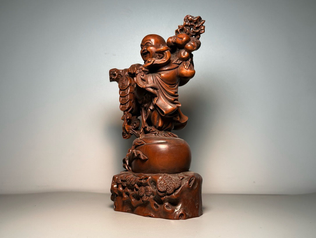 Chinese antique boxwood carving, finely crafted with copper coins, Maitreya Buddha
