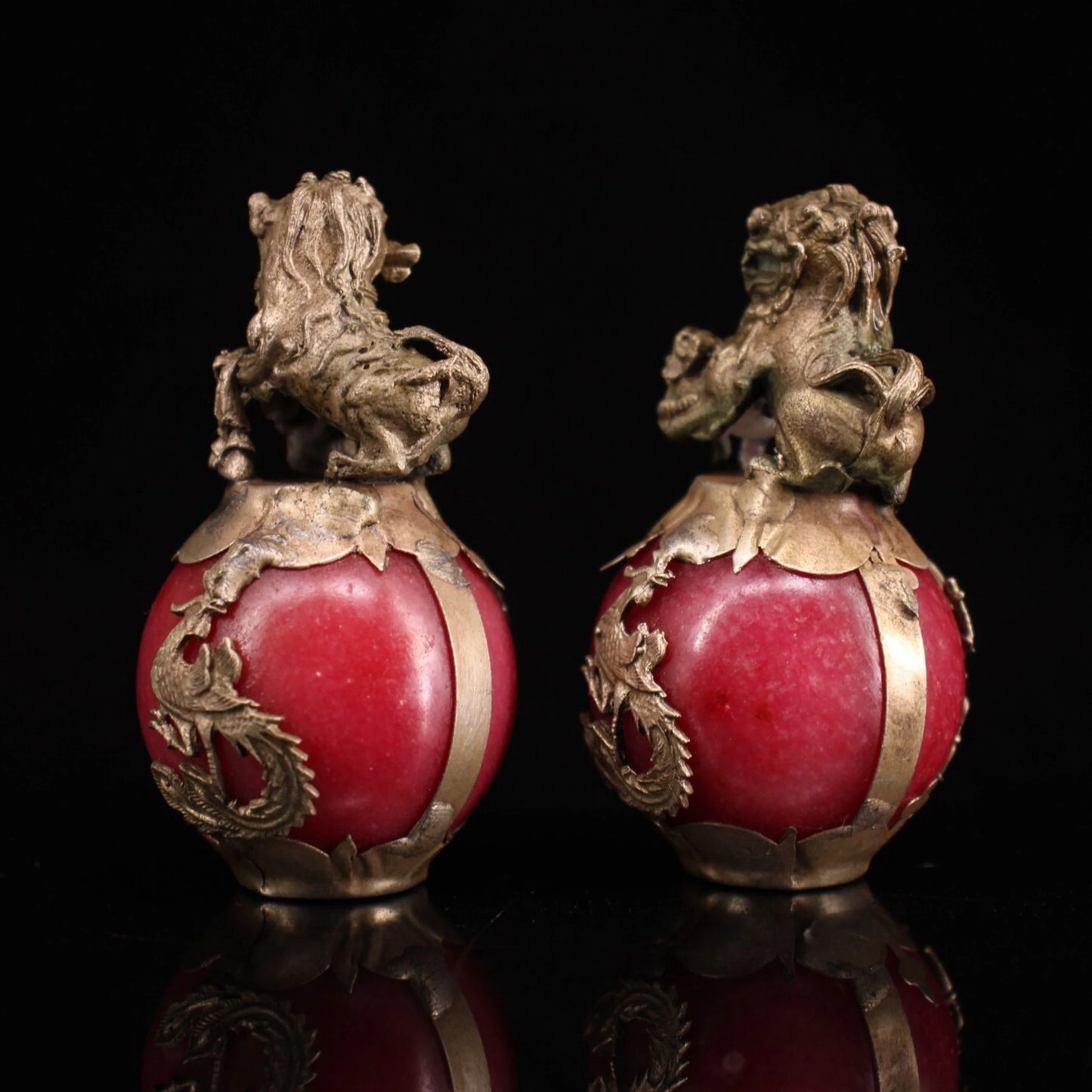 Collection of Chinese antique hand-carved Tibetan silver inlaid jade lion ball