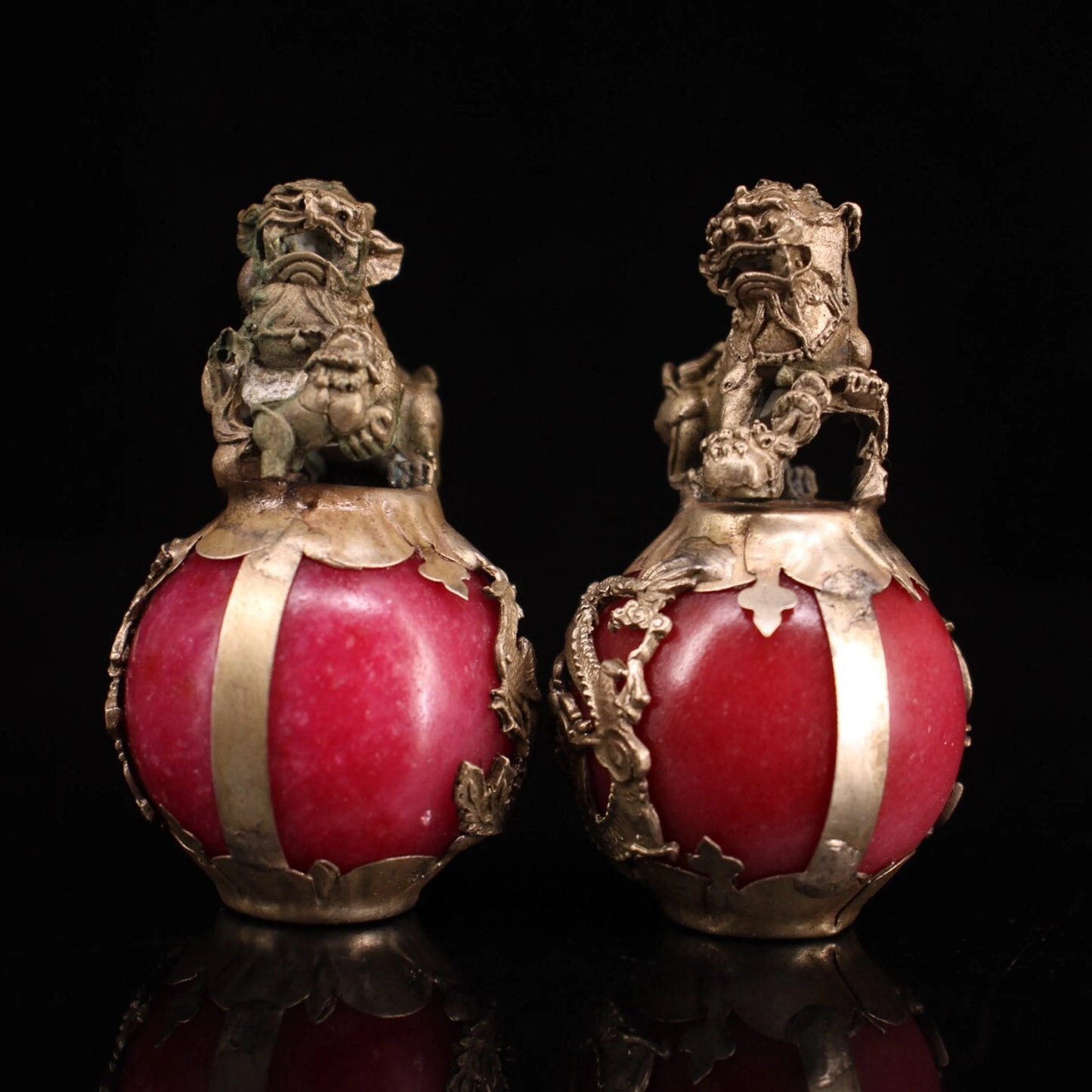Collection of Chinese antique hand-carved Tibetan silver inlaid jade lion ball