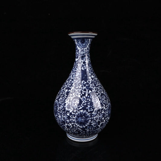 Blue and white porcelain vase pure hand-painted blue and white lotus pattern jade pot spring vase.