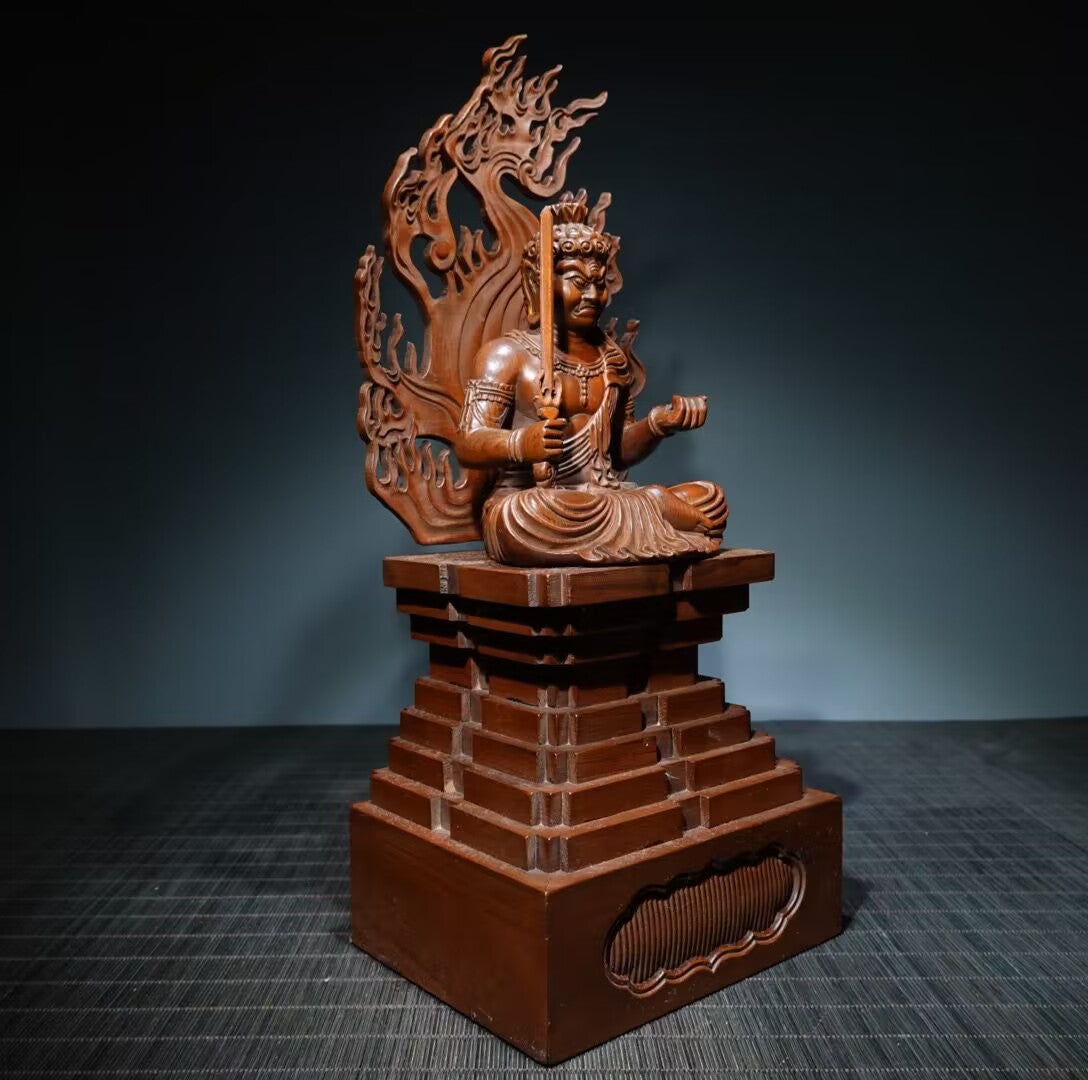 Chinese antique boxwood handmade carving of the immovable statue of the Ming King Buddha