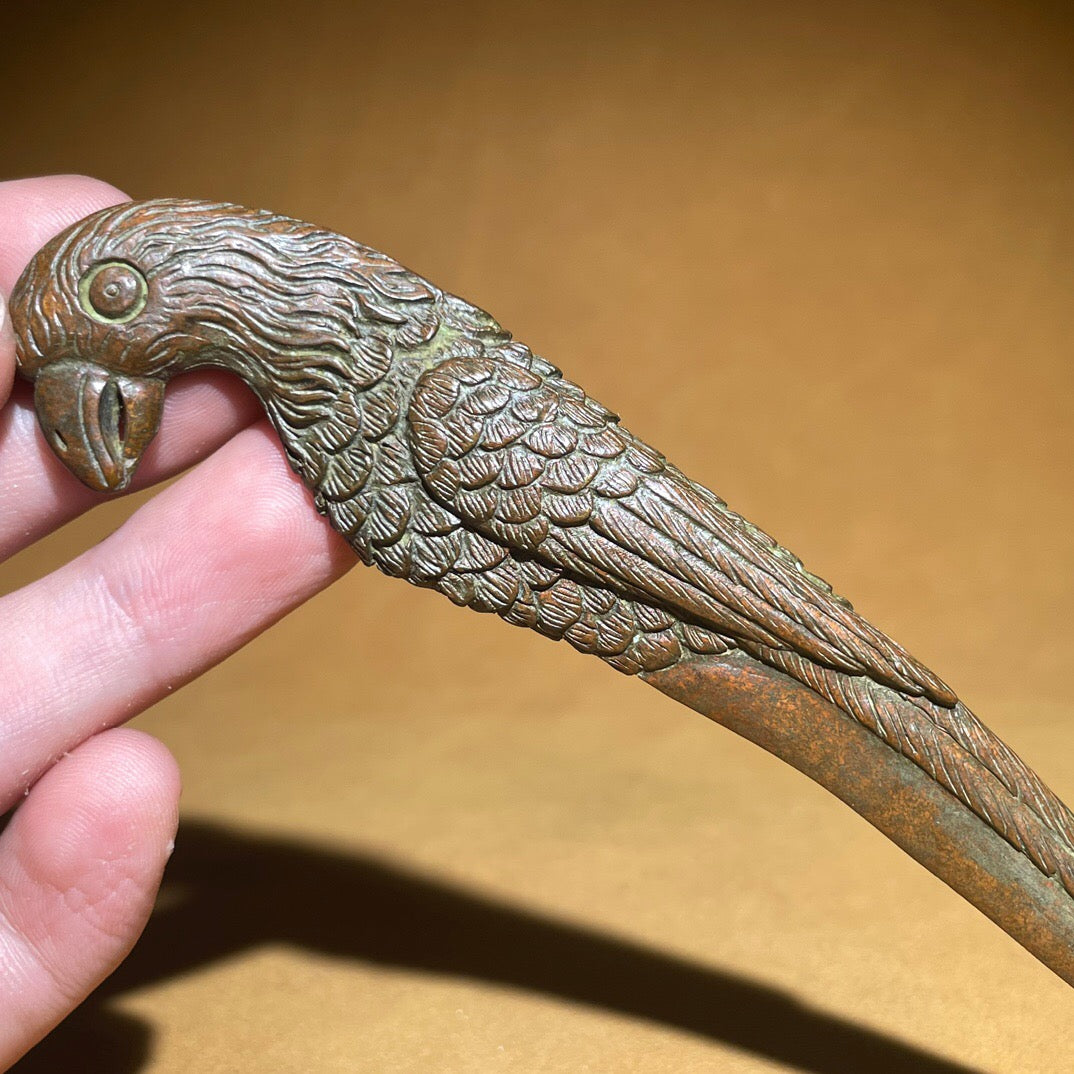 Chinese antique pure copper parrot tea knife ornament
