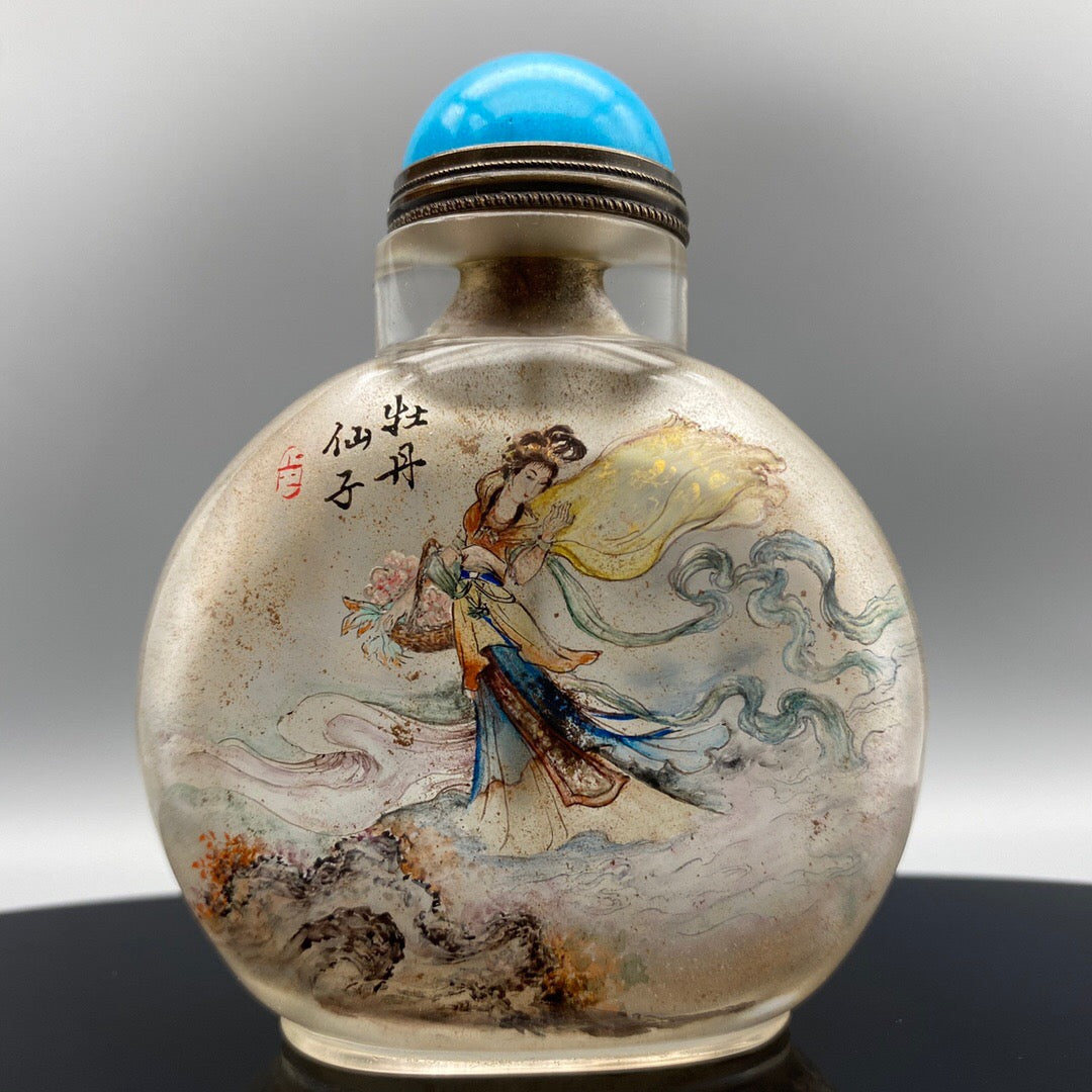 Chinese antique handmade painting "Peony Fairy" glass inner painting snuff bottle