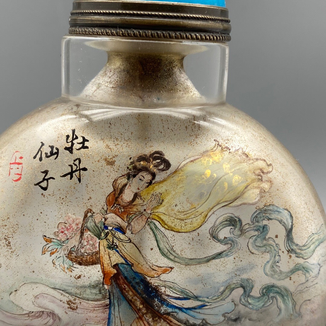 Chinese antique handmade painting "Peony Fairy" glass inner painting snuff bottle