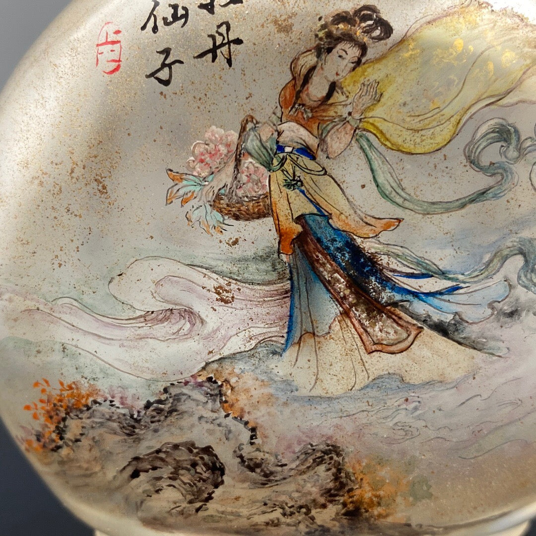 Chinese antique handmade painting "Peony Fairy" glass inner painting snuff bottle
