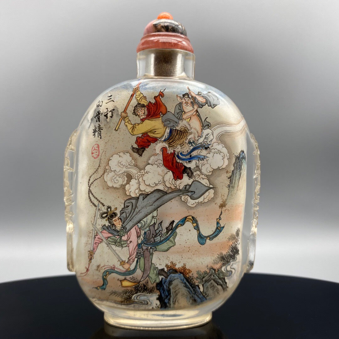 Chinese antique handmade painting [Three dozen white bone essence] glass inner painting snuff bottle