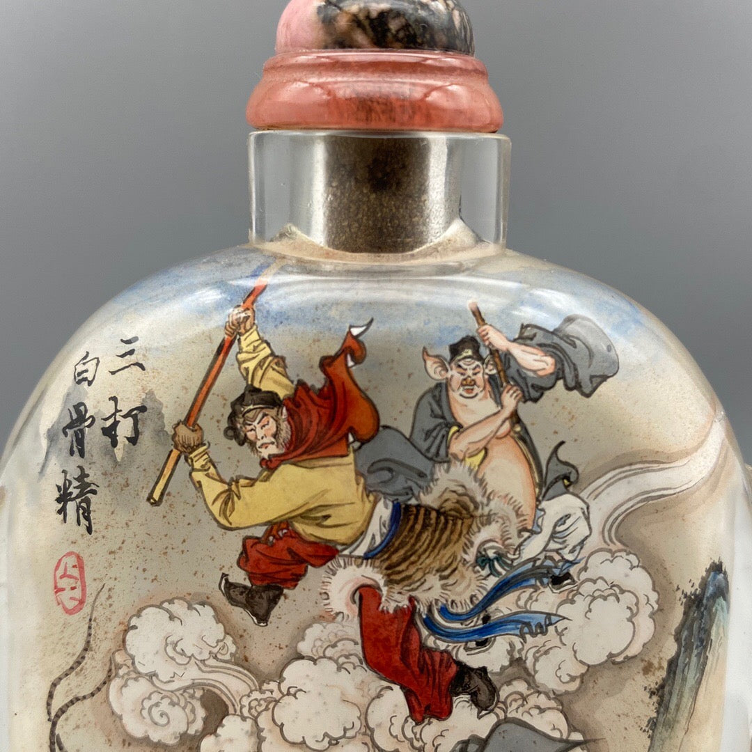 Chinese antique handmade painting [Three dozen white bone essence] glass inner painting snuff bottle