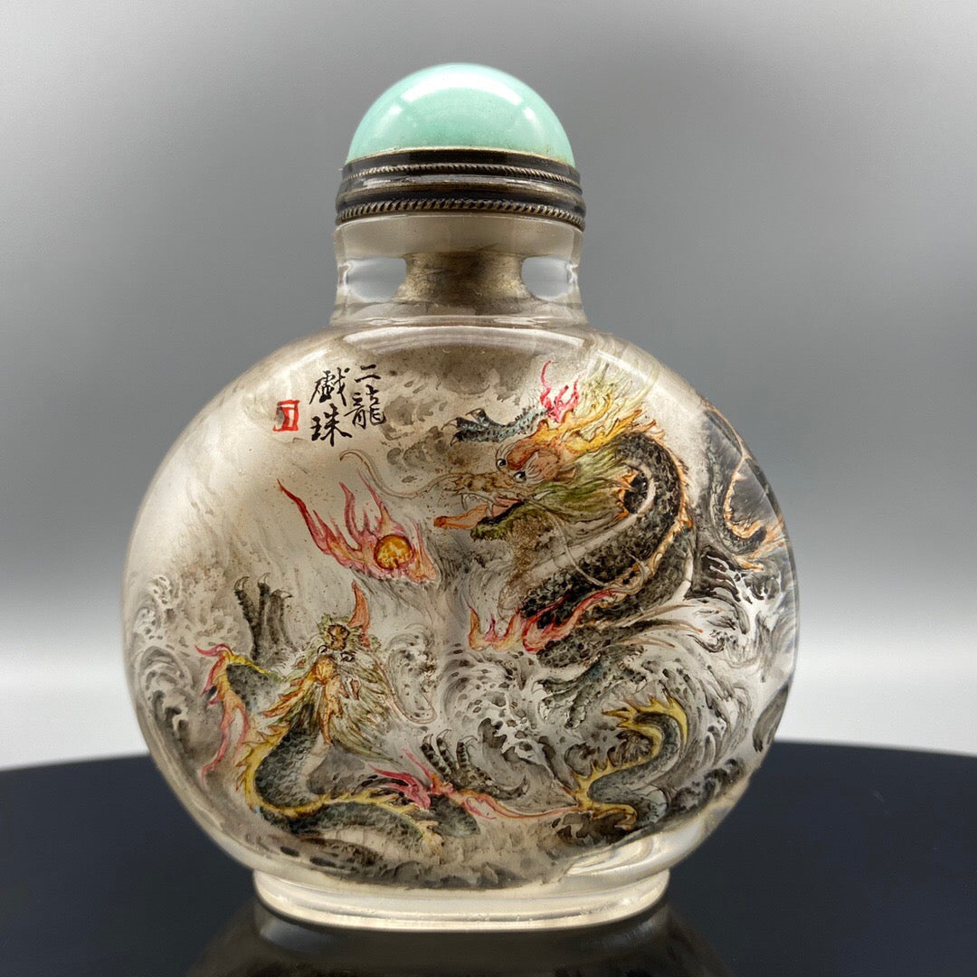 Chinese antique handmade painting "Er Long Xi Zhu" glass inner painting snuff bottle