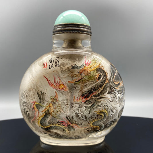 Chinese antique handmade painting "Er Long Xi Zhu" glass inner painting snuff bottle