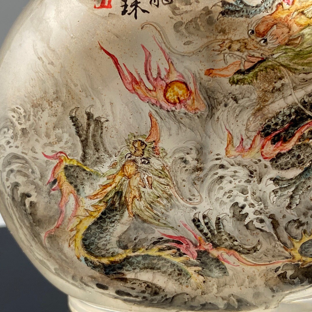 Chinese antique handmade painting "Er Long Xi Zhu" glass inner painting snuff bottle