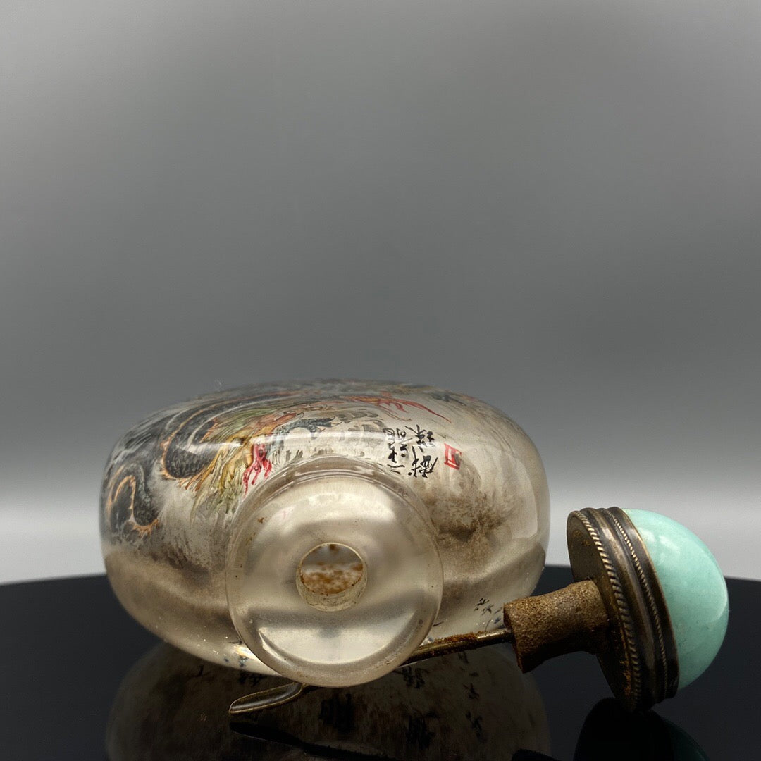Chinese antique handmade painting "Er Long Xi Zhu" glass inner painting snuff bottle