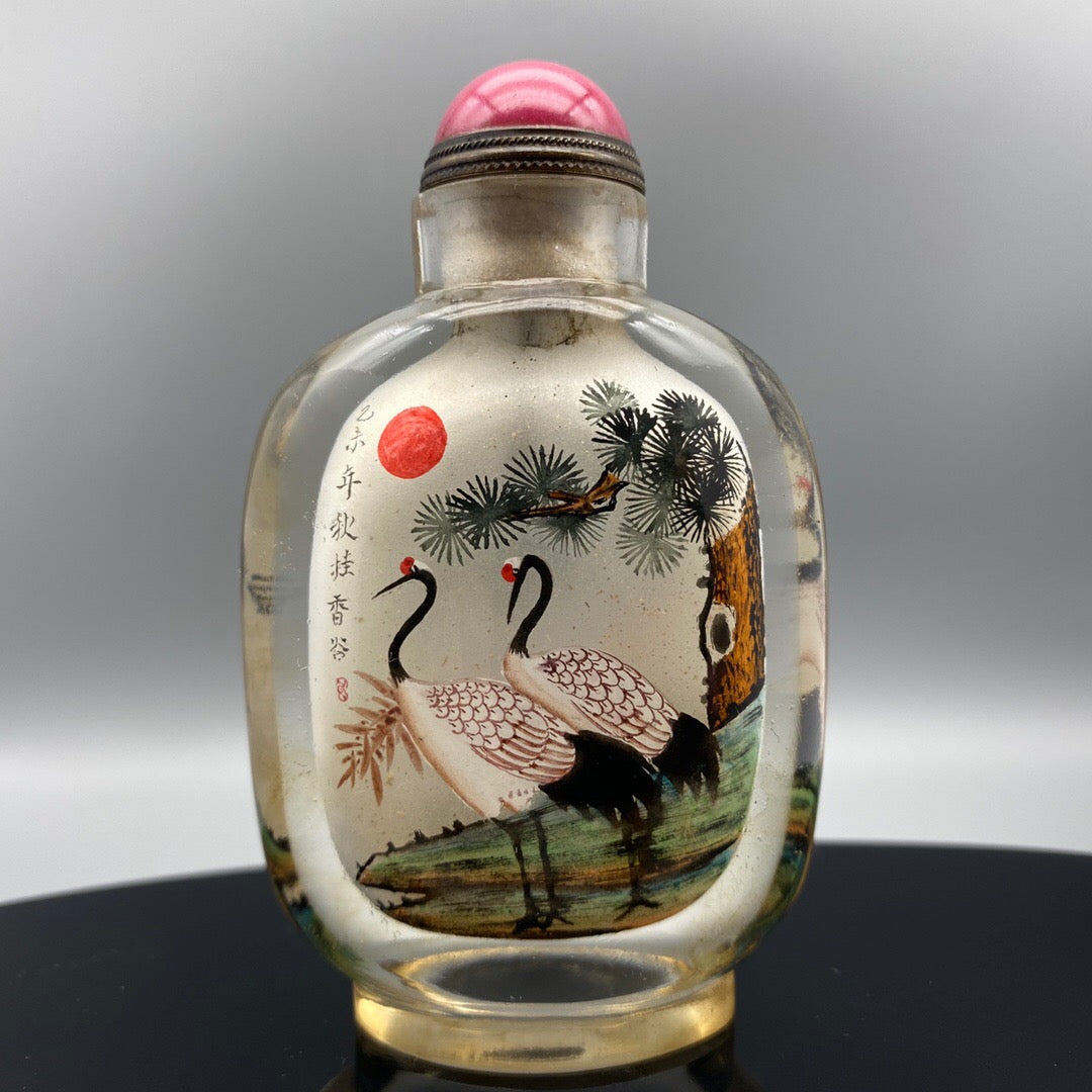 Chinese Antique Glass Handmade Painting [Pine and Crane Yannian] Inner Painting snuff bottle