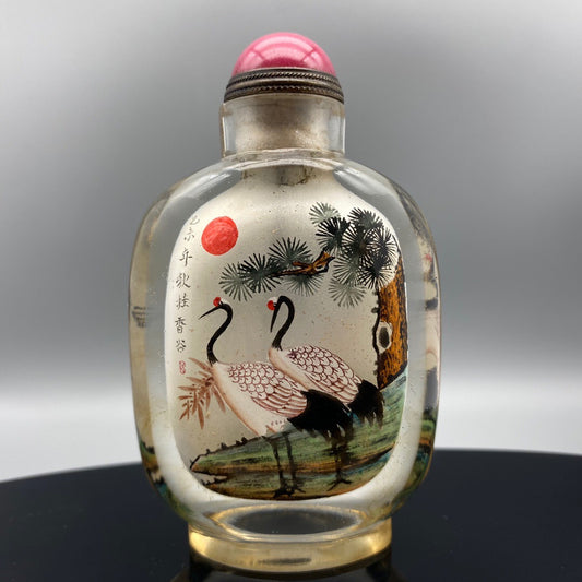 Chinese Antique Glass Handmade Painting [Pine and Crane Yannian] Inner Painting snuff bottle