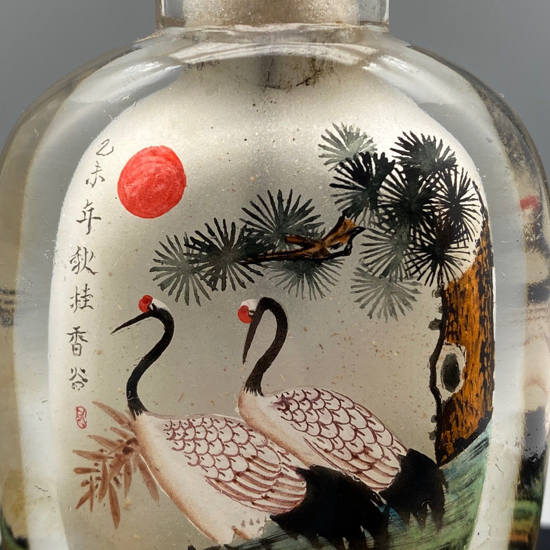 Chinese Antique Glass Handmade Painting [Pine and Crane Yannian] Inner Painting snuff bottle