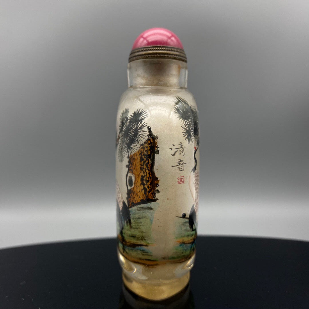 Chinese Antique Glass Handmade Painting [Pine and Crane Yannian] Inner Painting snuff bottle