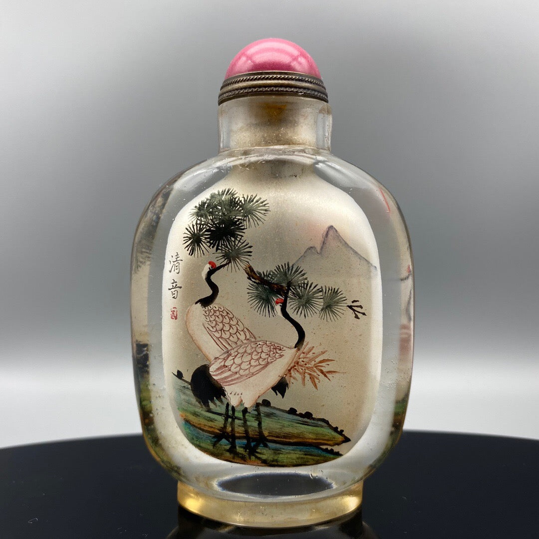 Chinese Antique Glass Handmade Painting [Pine and Crane Yannian] Inner Painting snuff bottle