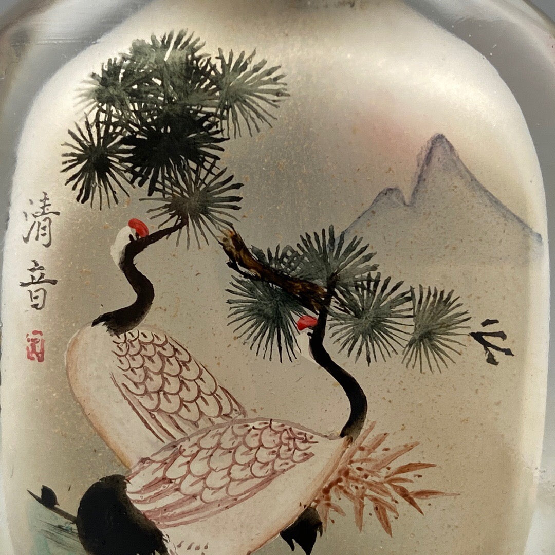 Chinese Antique Glass Handmade Painting [Pine and Crane Yannian] Inner Painting snuff bottle