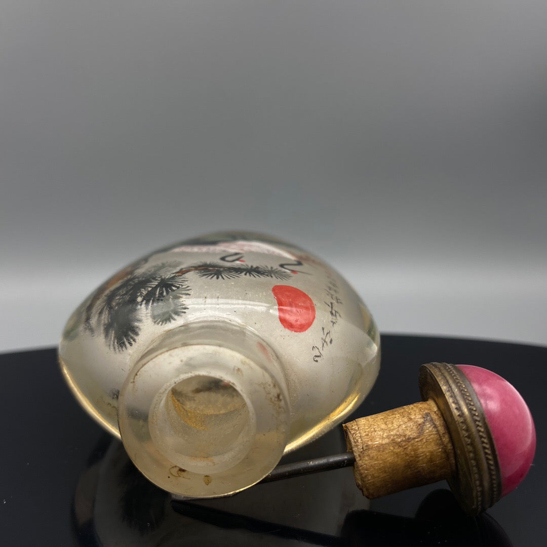 Chinese Antique Glass Handmade Painting [Pine and Crane Yannian] Inner Painting snuff bottle