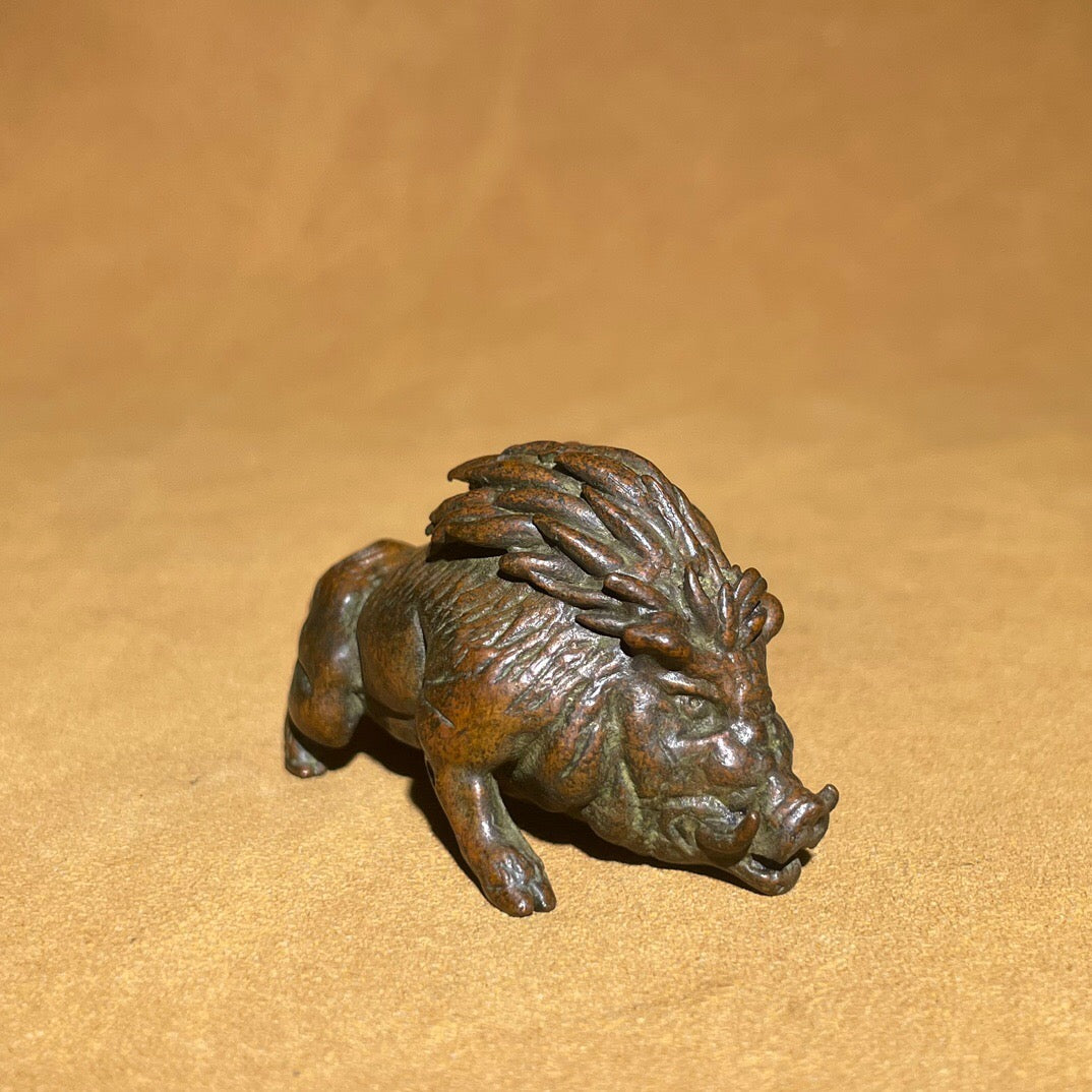 Chinese antique pure copper wild boar tea pet ornament