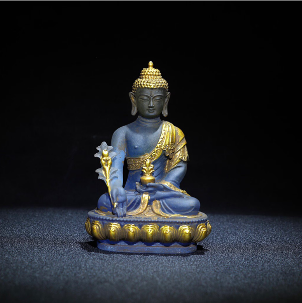 Colored glaze Buddha statues/collectibles Hand-carved Chinese antique colored glaze painted gold medicine Buddha collection