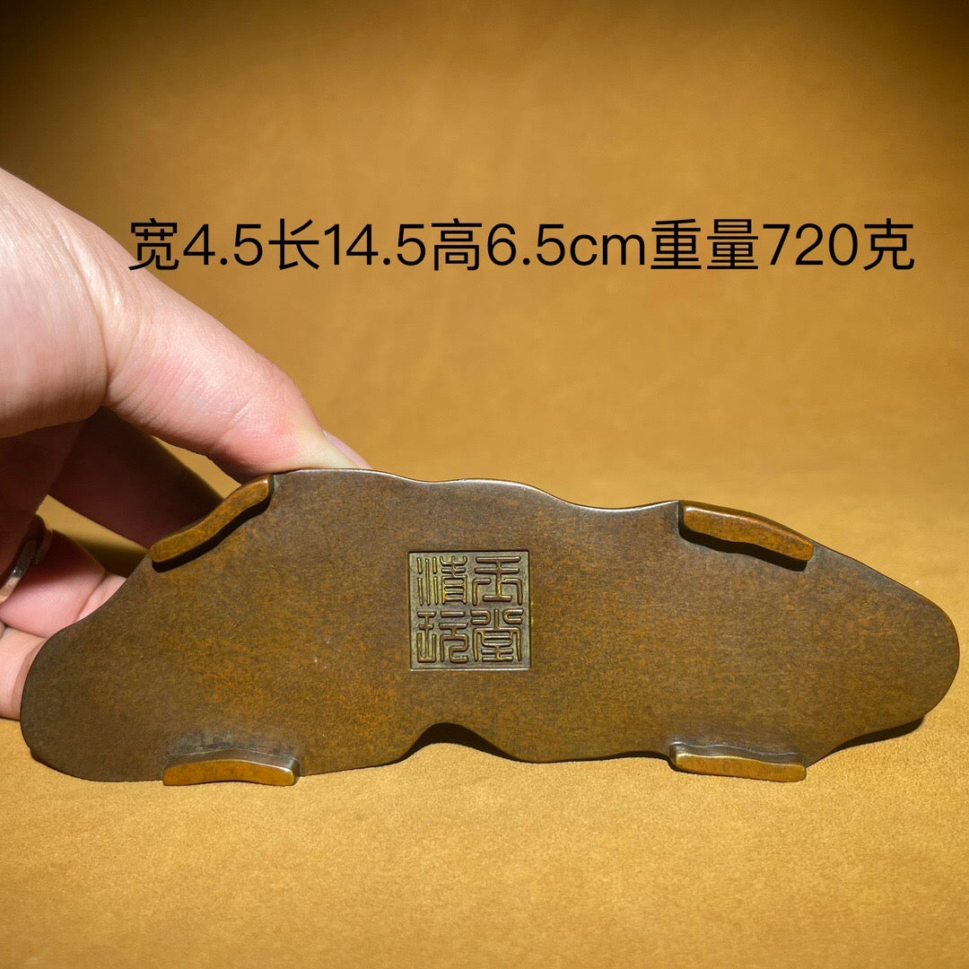 Chinese antique pure copper rain palace rockery pen holder tea pet ornament