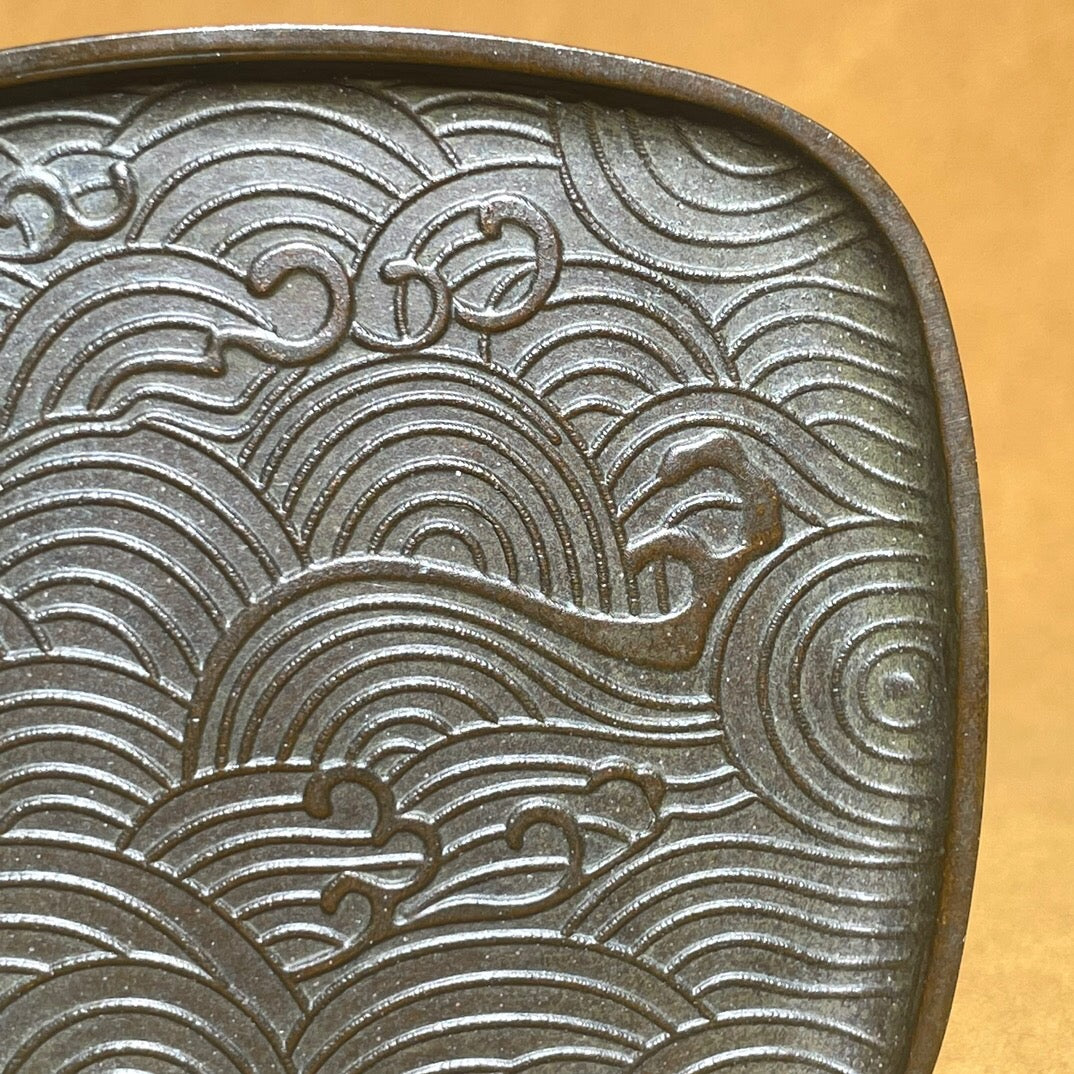 Chinese antique pure copper auspicious cloud plate tea pet ornament