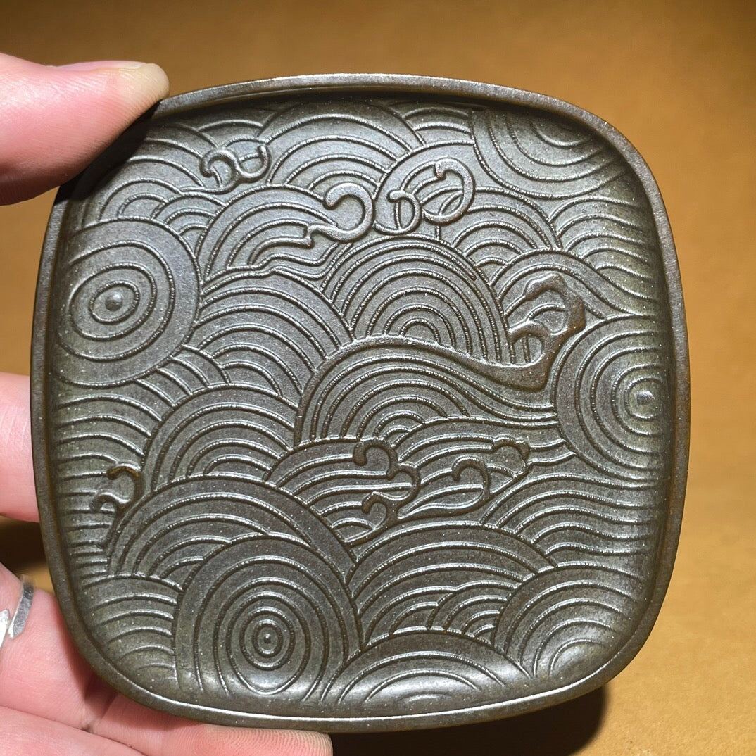 Chinese antique pure copper auspicious cloud plate tea pet ornament
