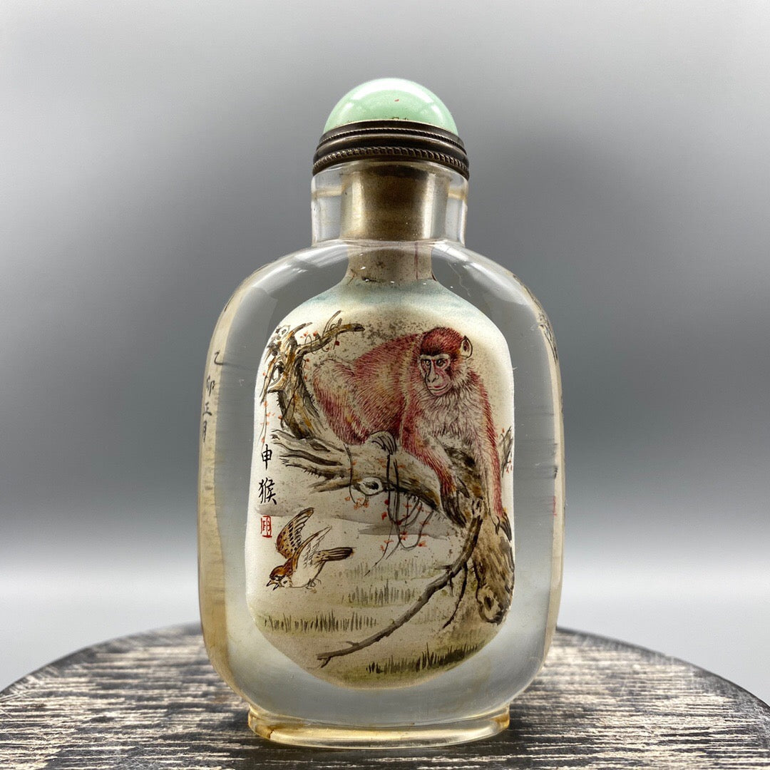 Chinese antique glass handmade painting [Monkey Offering Auspiciousness] Chinese zodiac monkey inner painting snuff bottle