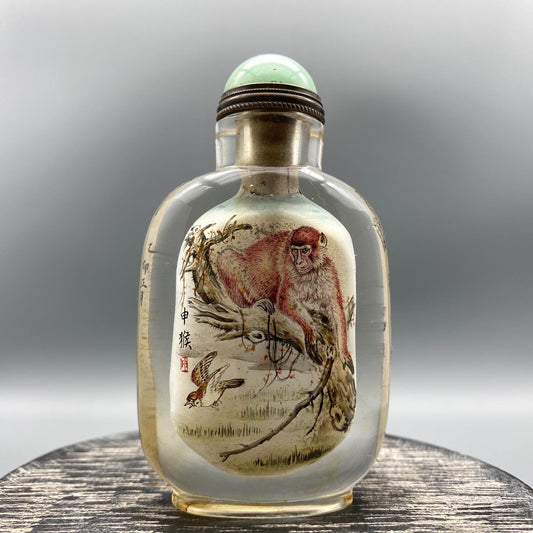 Chinese antique glass handmade painting [Monkey Offering Auspiciousness] Chinese zodiac monkey inner painting snuff bottle