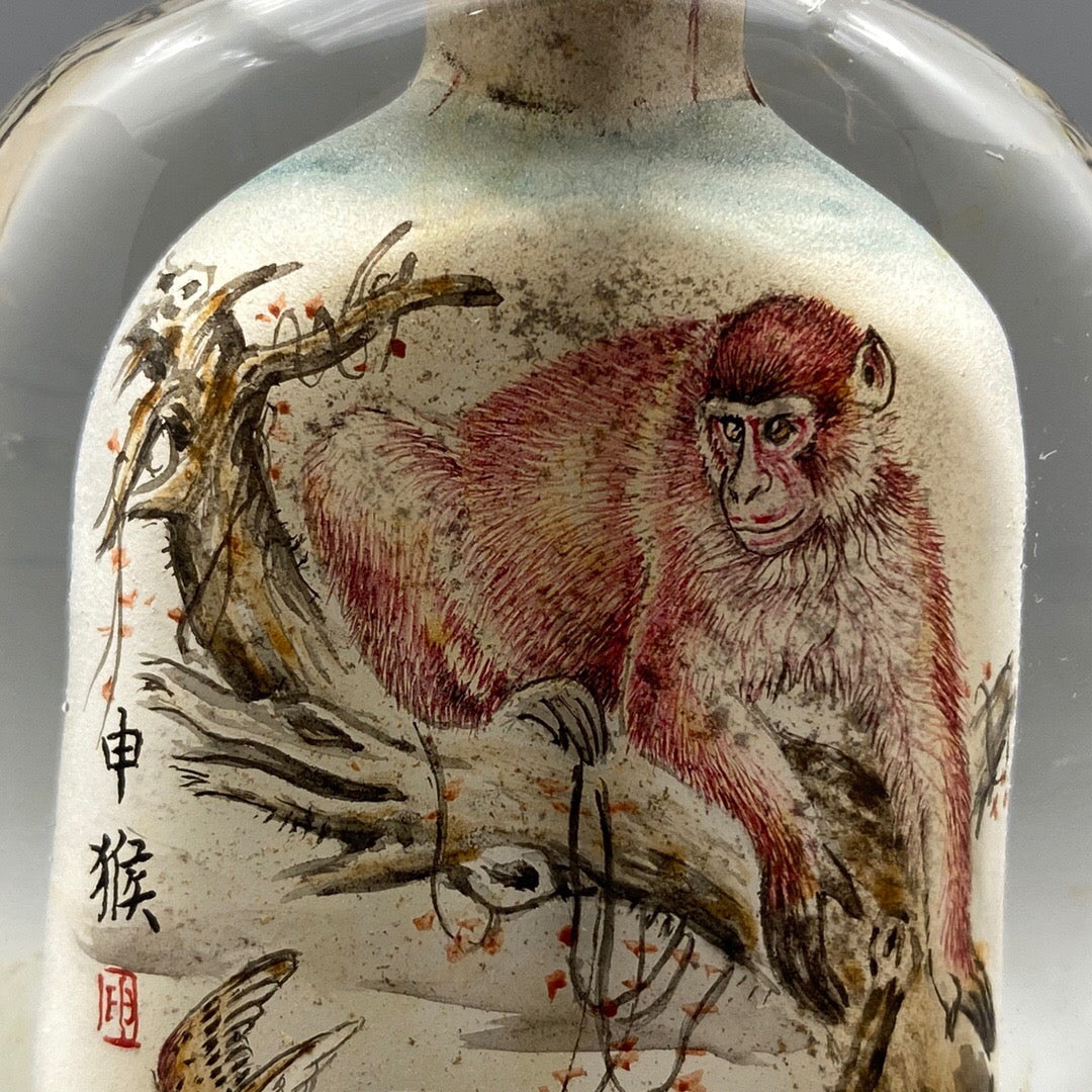 Chinese antique glass handmade painting [Monkey Offering Auspiciousness] Chinese zodiac monkey inner painting snuff bottle