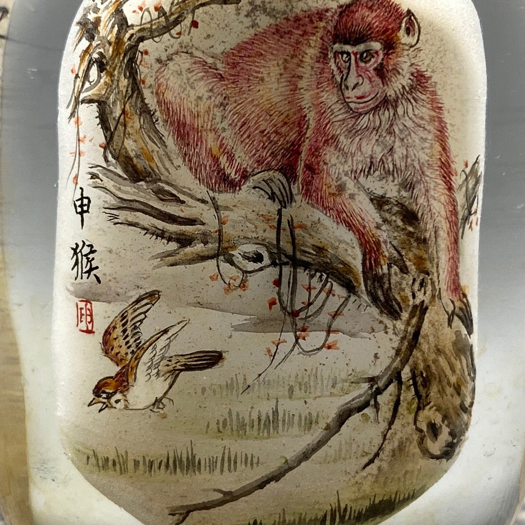 Chinese antique glass handmade painting [Monkey Offering Auspiciousness] Chinese zodiac monkey inner painting snuff bottle