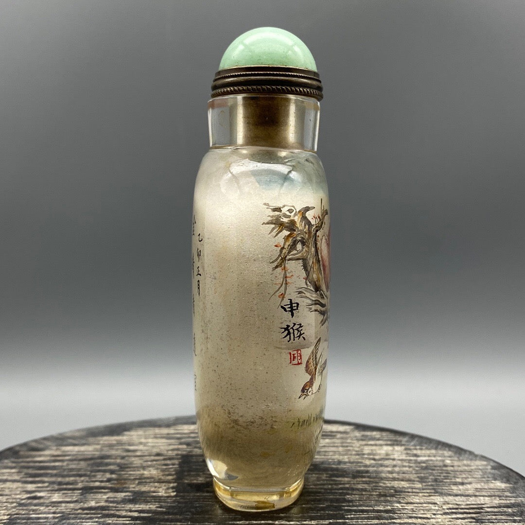 Chinese antique glass handmade painting [Monkey Offering Auspiciousness] Chinese zodiac monkey inner painting snuff bottle