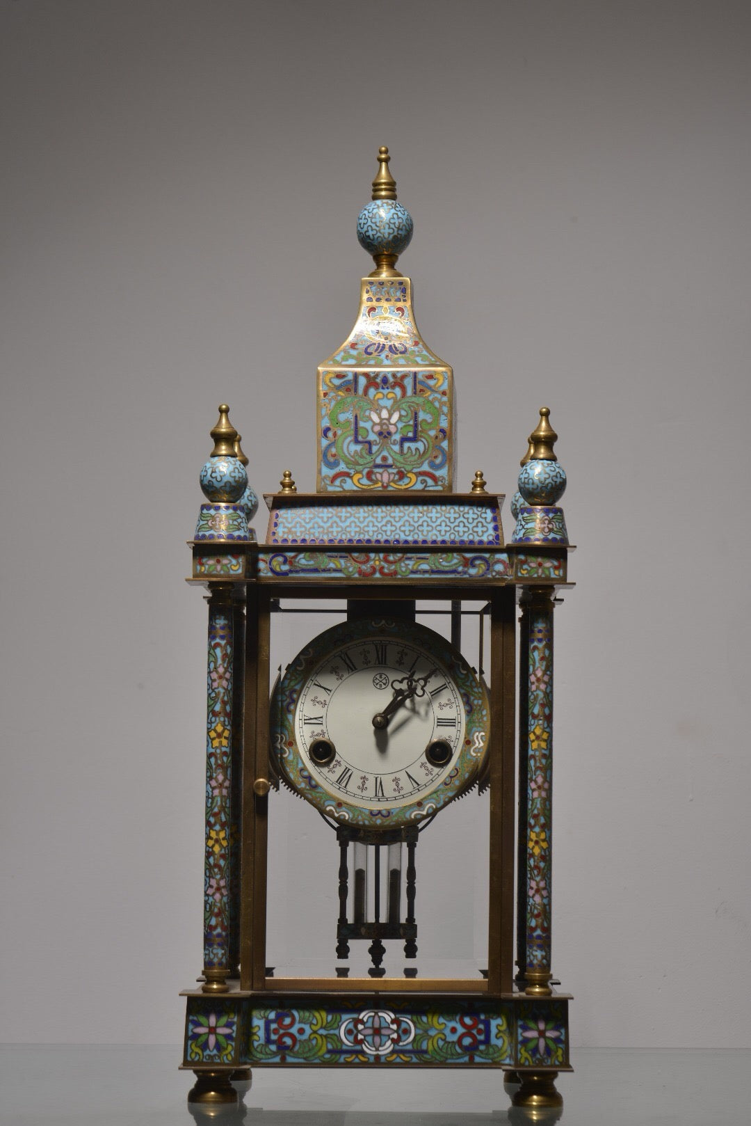 Chinese antique copper body cloisonn é enamel pavilion four minute bell