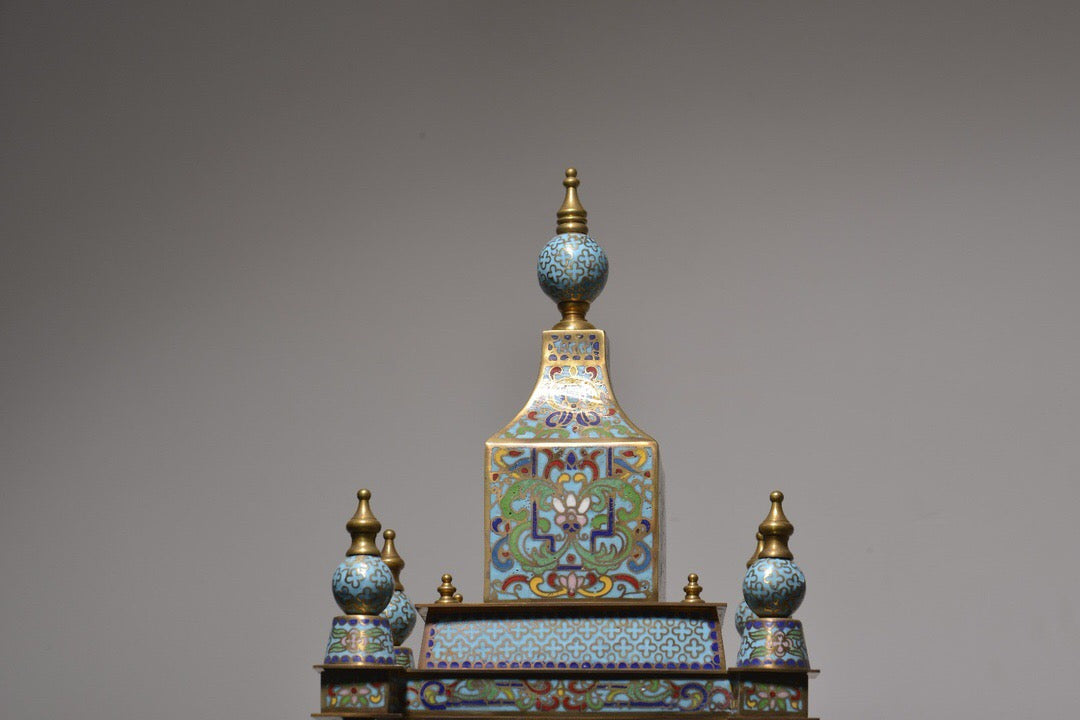 Chinese antique copper body cloisonn é enamel pavilion four minute bell