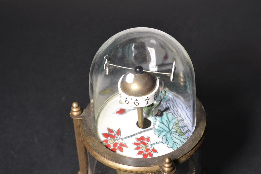 Copper body painted enamel lotus fish swimming mechanical clock