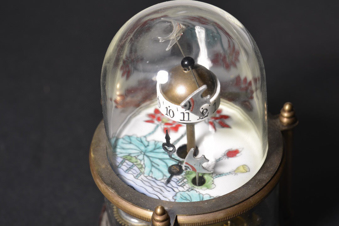 Copper body painted enamel lotus fish swimming mechanical clock
