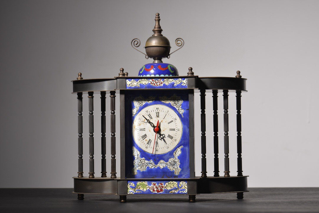 Chinese antique copper body painted enamel eight column mechanical clock