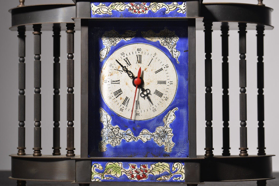 Chinese antique copper body painted enamel eight column mechanical clock